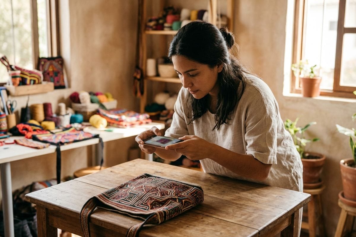 Una emprendedora panameña fotografía un bolso tejido desde varios ángulos con su celular, preparando la ficha de producto de su tienda online.