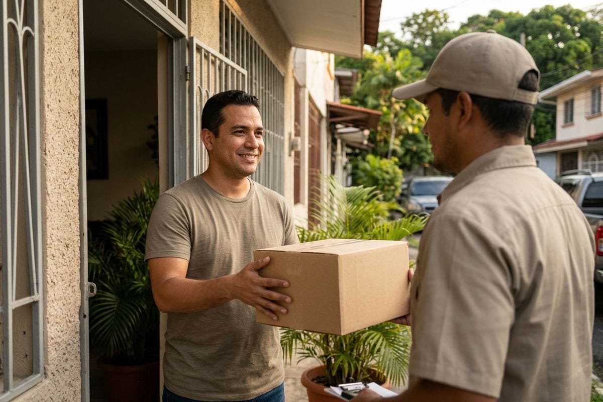 Un cliente en Panamá recibe en la puerta de su casa el paquete de una compra en línea, el momento que confirma que la tienda cumple lo que promete.