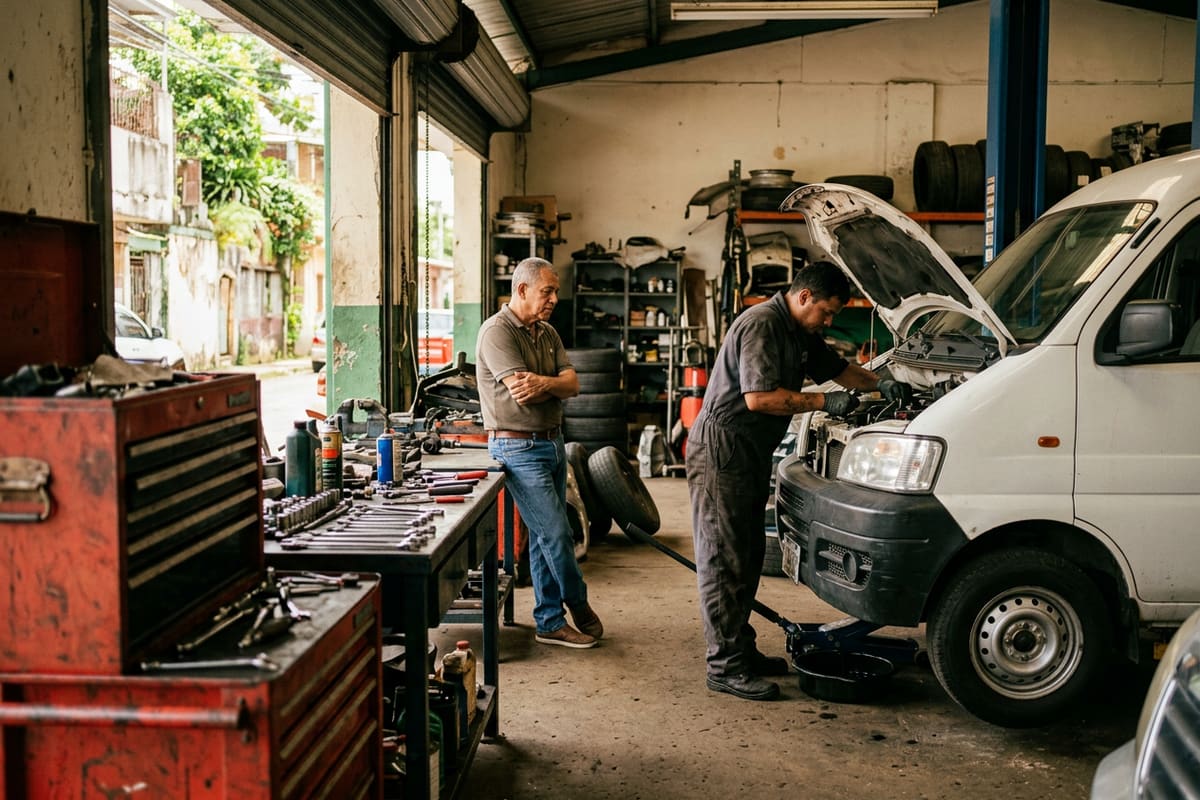 Mecánico da servicio de rutina a una camioneta de reparto, como el software propio que se mantiene después de entregado