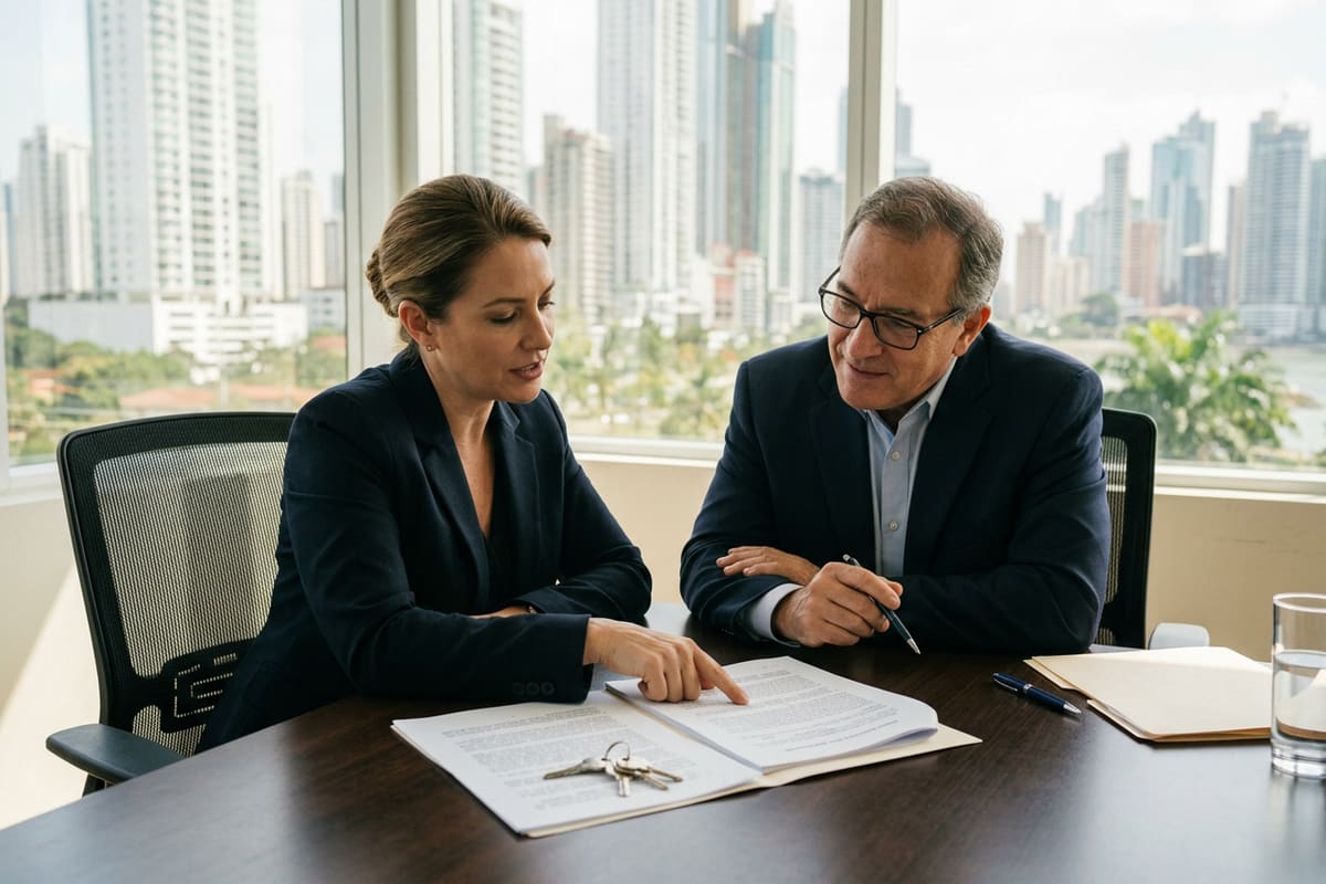Empresaria revisa un contrato con su abogada antes de firmar, para que el código y las llaves queden a su nombre