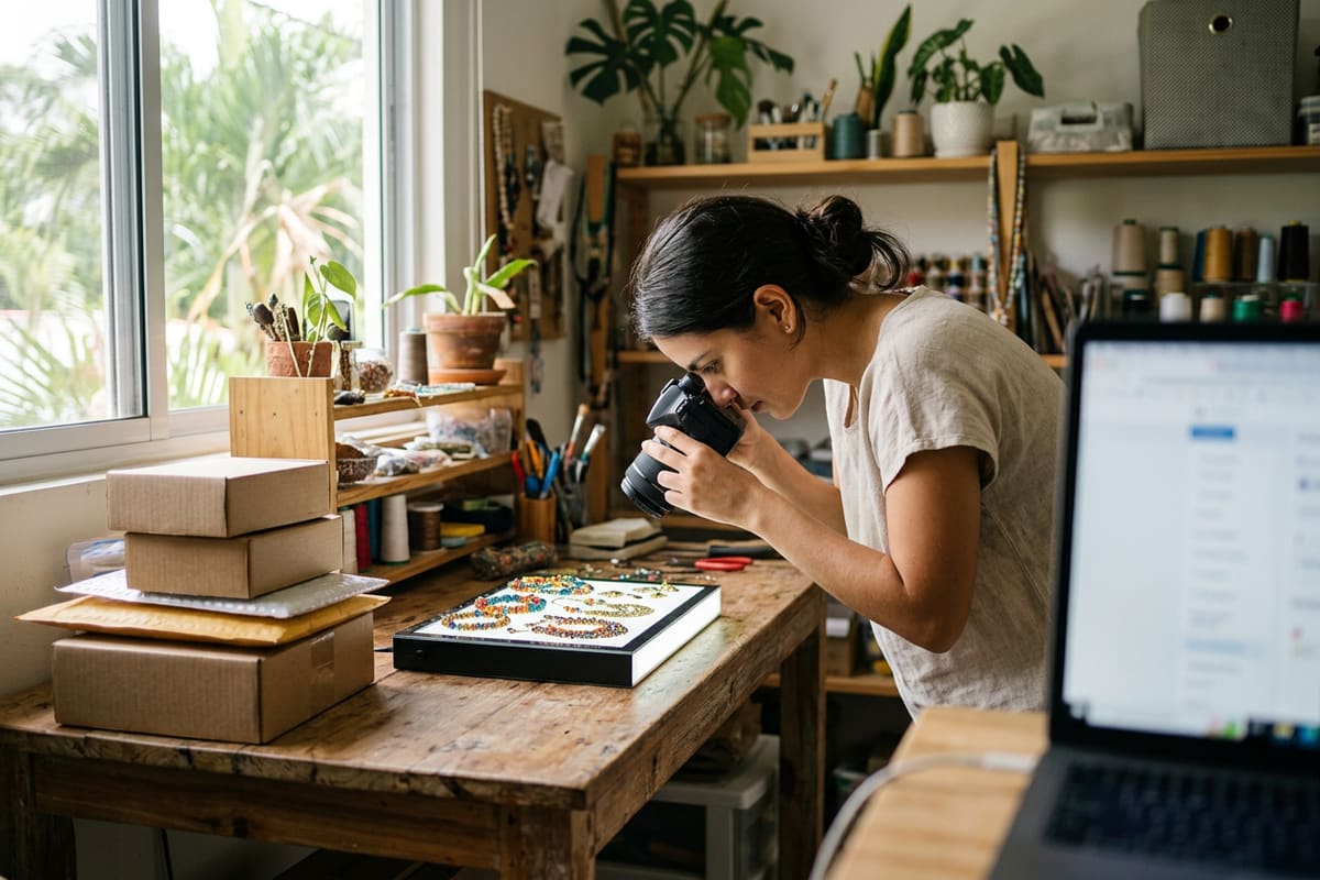 Artesana fotografía joyas para su tienda en línea en su estudio, enfocada en vender mientras la plataforma sostiene lo demás
