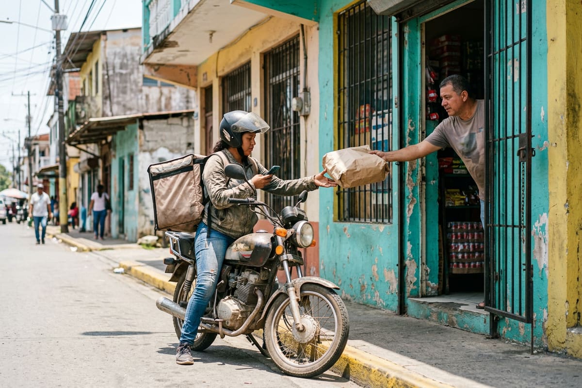 Dueña entrega un pedido a un motorizado tras confirmar el pago en el celular, cobro y envío resueltos para Panamá