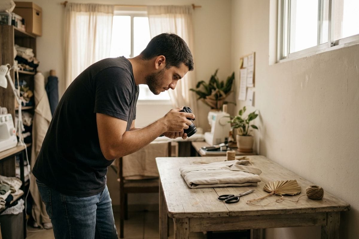Un emprendedor fotografía una camisa de lino para la ficha de producto de su tienda en línea.