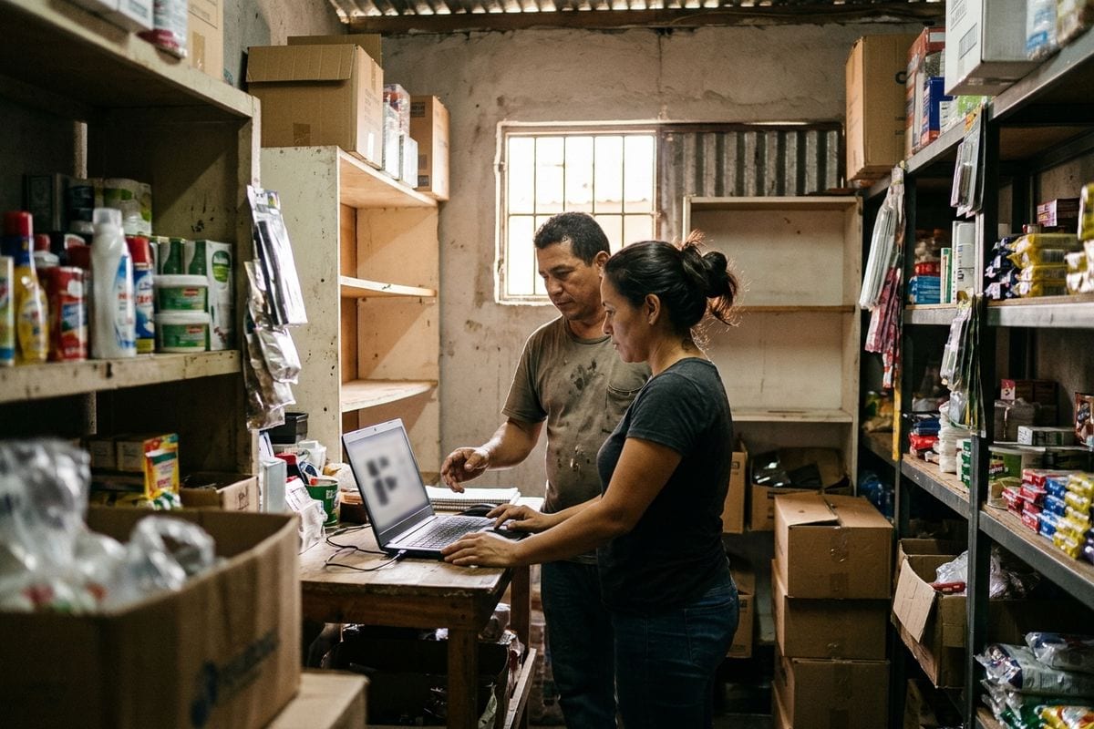 Una pareja ordena su catálogo de productos y fotos antes de entregarlo para abrir su tienda.