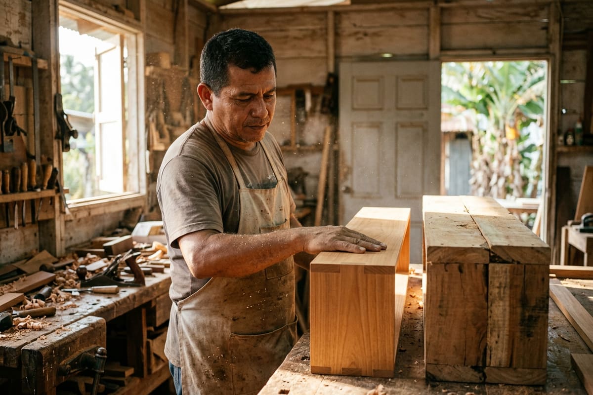 Carpintero compara un mueble pesado con uno liviano hecho a medida, la diferencia entre un constructor visual y un tema propio