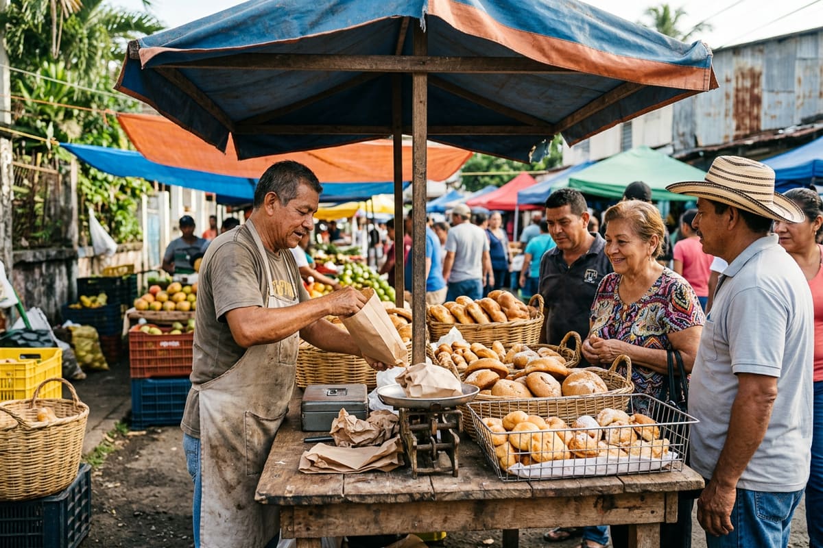 Pequeño puesto de pan en un mercado, un negocio sencillo que no necesita la complejidad ni el mantenimiento de WordPress
