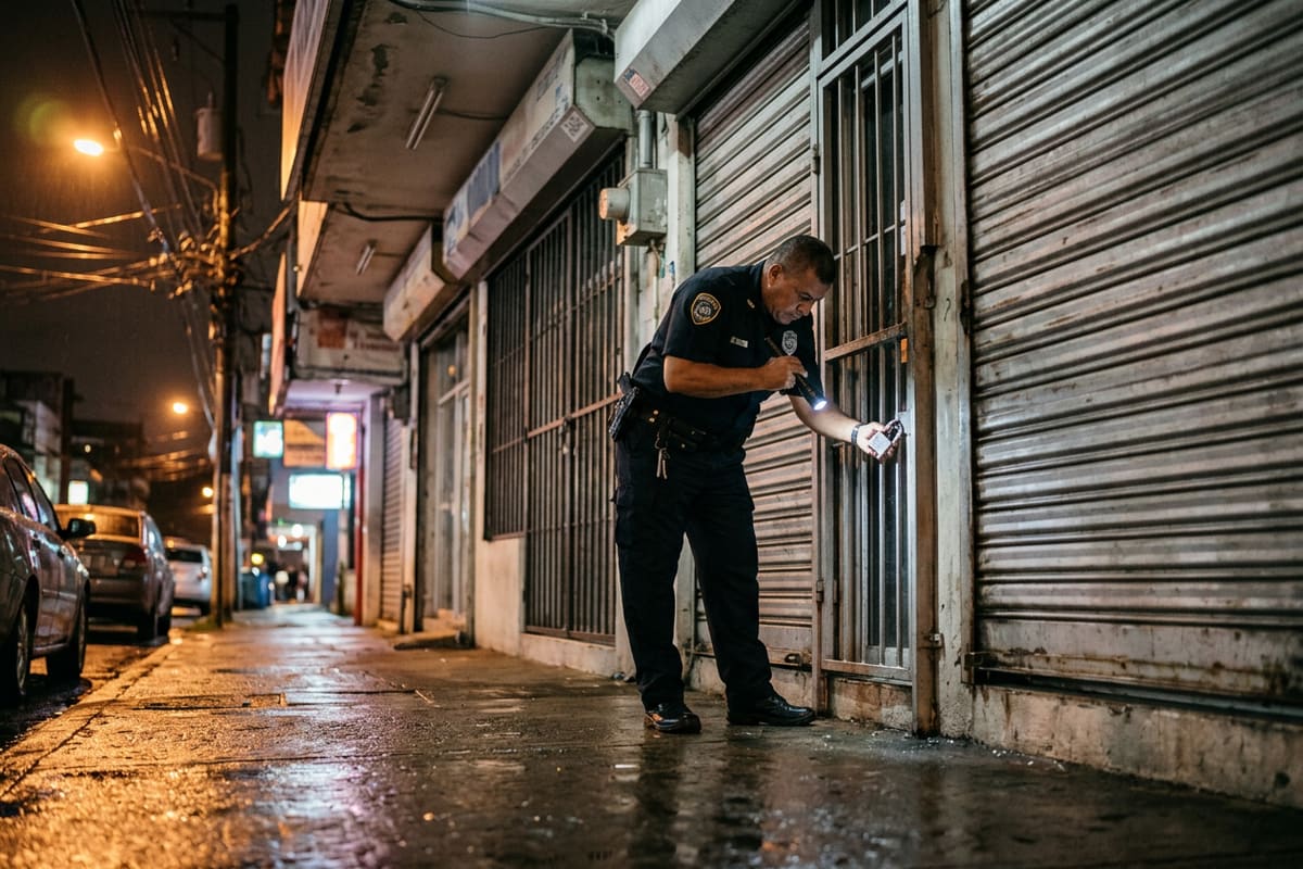 Guardia asegura la cortina, la puerta lateral y el candado de una tienda de noche, cerrando las puertas por donde entran