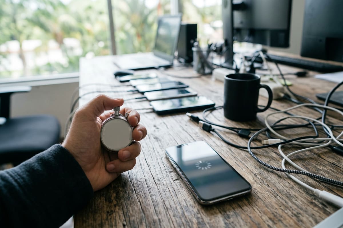 Técnico cronometra la carga de una web en varios celulares, midiendo la velocidad de un WordPress cada cierto tiempo