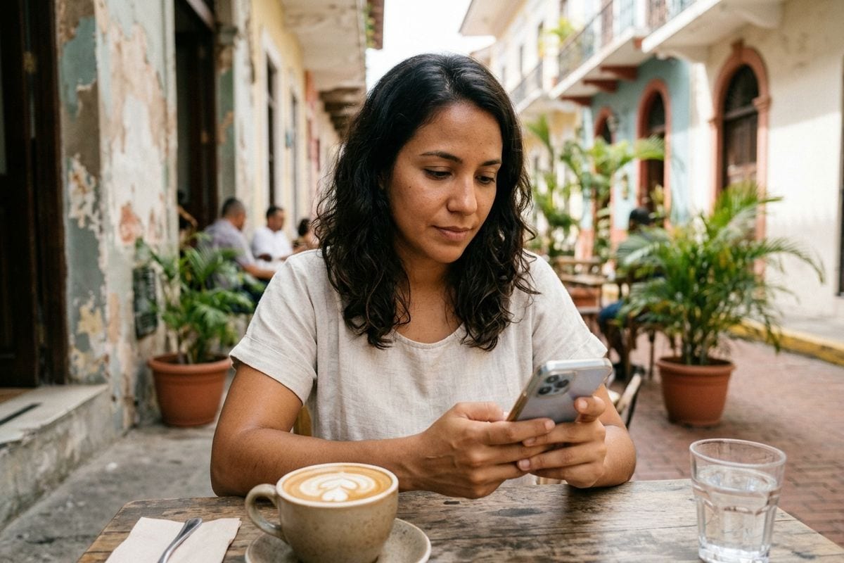 Una dueña de negocio busca en su celular un servicio, como lo hacen sus clientes en Google o en un asistente de IA.