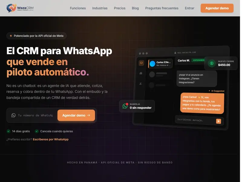 Página de inicio de wazacrm.com, el sitio del producto
